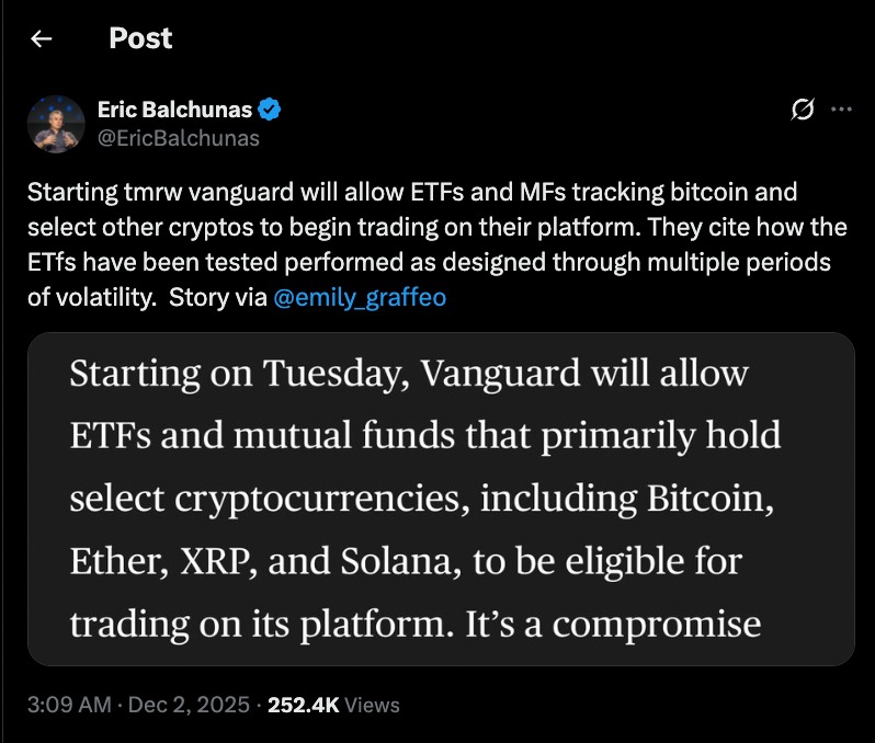 Crypto ETFs announcement screenshot showing Eric Balchunas tweet about Vanguard allowing ETFs and mutual funds holding Bitcoin, Ether, XRP, and Solana to trade on its platform.