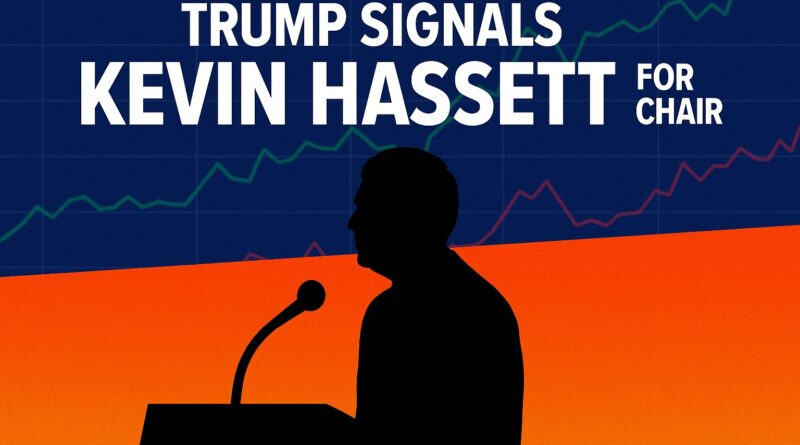 Fed Chair editorial graphic showing a stylized Federal Reserve–style building silhouette, semi-transparent candlestick and line charts with green upward and red downward lines, a stack of coins and generic crypto tokens, and a muted US flag motif; centered composition with space reserved for headline.
