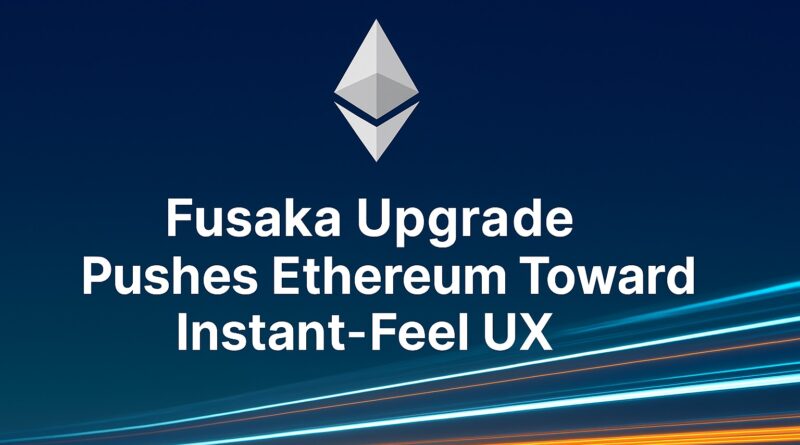 Fusaka Upgrade - stylized Ethereum logo centered with fragmenting data blobs, network nodes, and motion streaks conveying PeerDAS-driven instant-feel UX.