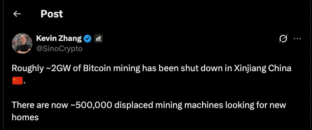 Bitcoin Hashrate Rebound concerns highlighted by a social media post claiming large-scale Bitcoin mining shutdowns in Xinjiang China