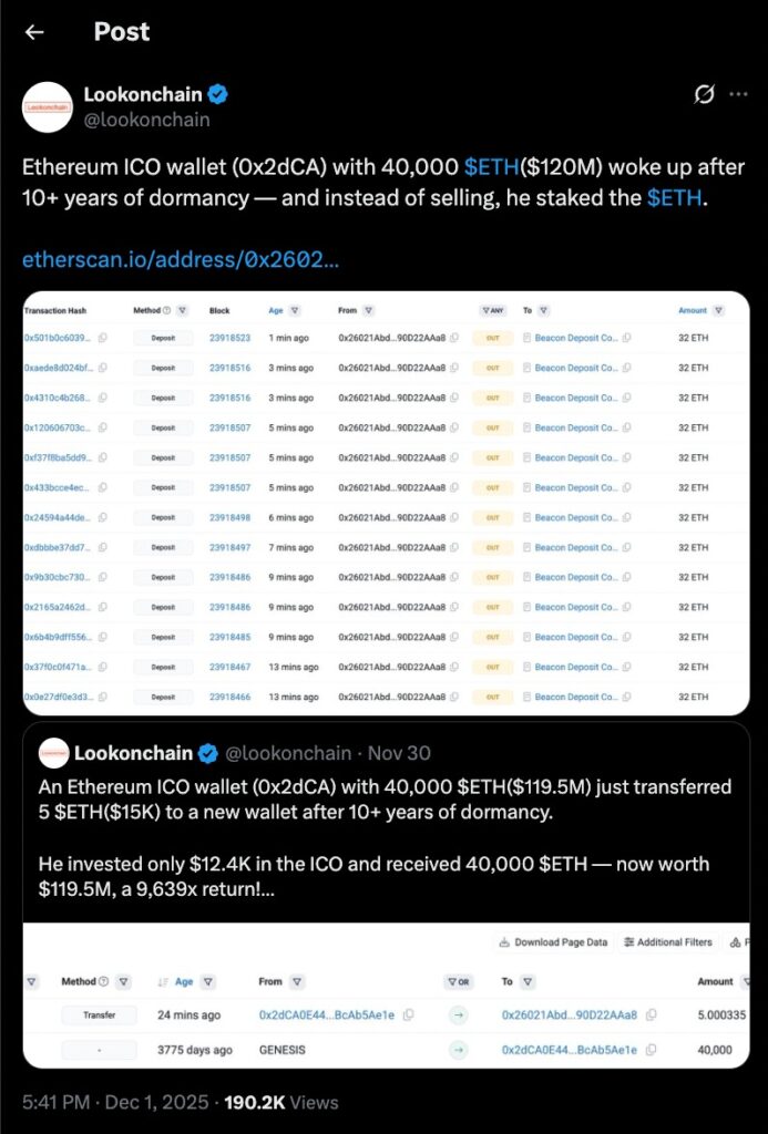 Screenshot of a Lookonchain tweet showing Ethereum ICO Wallet transactions, including multiple 32 ETH deposits into the Beacon Deposit Contract after more than ten years of dormancy.