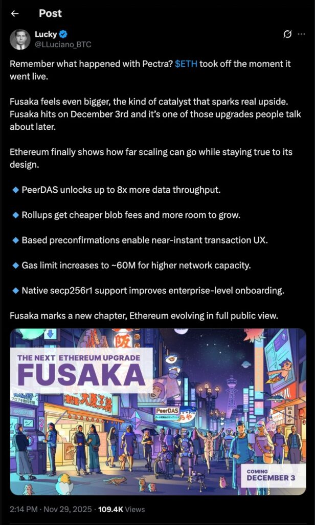 Tweet discussing the Fusaka Upgrade and its expected impact on Ethereum scalability, highlighting PeerDAS benefits, lower fees, and near-instant transaction experiences.