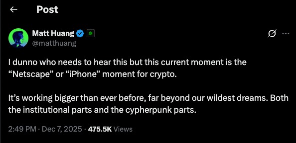 Crypto Netscape moment highlighted in a tweet by Matt Huang describing the current period as a pivotal “Netscape or iPhone moment” for the crypto industry.