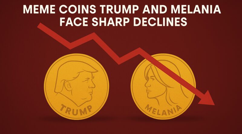 Meme Coins TRUMP and MELANIA coins centered with red downward arrows and falling candlestick charts, dark moody gradient background, and semi-transparent holder silhouettes behind the coins.