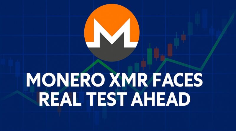 Monero XMR - bold headline over Monero logo and a centered candlestick chart showing a November breakout to ~440 and a pullback toward ~360 with labeled resistance and support.