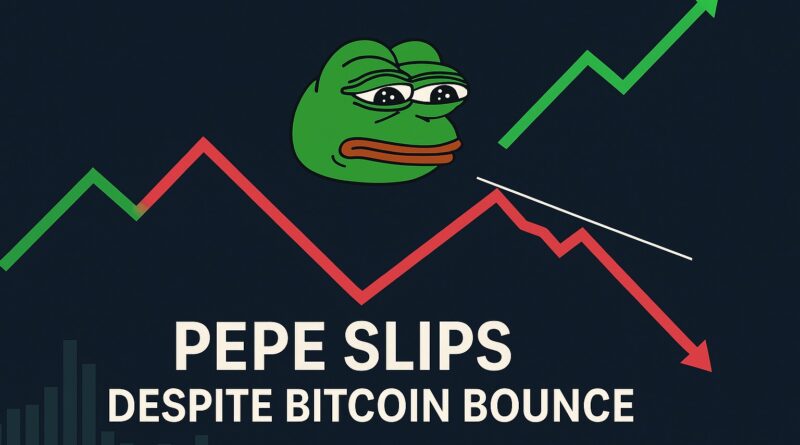 PEPE Slips - Featured image showing the PEPE frog with a red downward arrow and falling candlestick opposite a golden Bitcoin and green upward candlestick, centered over a dark price chart with muted volume bars and resistance markers.
