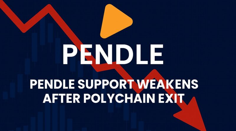 Pendle Support: dark navy crypto news graphic with centered headline “Pendle Support Tested,” red downward candlestick, cyan $2 support line, institutional selling icon, and subtle on‑chain node visuals.