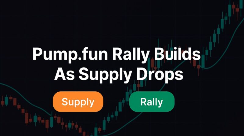 Pump.fun rally builds as supply drops, centered headline over shrinking token stack and rising candlestick chart symbolizing a supply squeeze and bullish momentum.