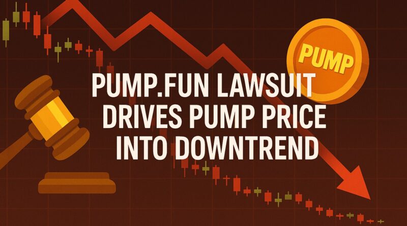 Pump.fun Lawsuit: PUMP token price downtrend visual with centered headline, red downward arrow, falling candlesticks, gold PUMP coin, and courtroom gavel and scales on a dark gradient background.