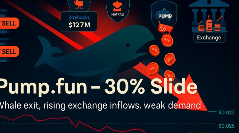Pump.fun Slides - dark navy infographic showing a large whale spilling glowing red “PUMP” tokens, a bold red downward arrow inside a descending price channel, stacked wallet icons labeled 1.17B and 1.129B on the left, an exchange icon with inflows on the right, a buyback badge “Buybacks: $12.7M” above, and a bottom price chart marking $0.0048 high, $0.0027 current, support $0.0025, 20 EMA $0.0029, 50 EMA $0.0034.