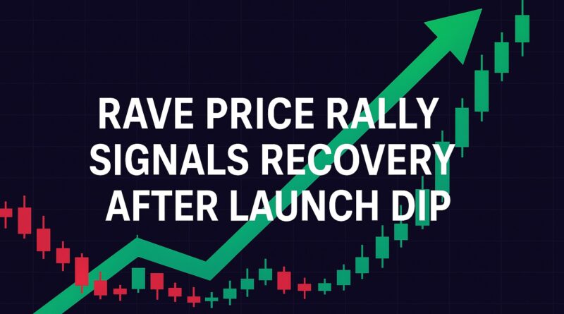 RAVE price rally: stylized RAVE token and rising candlestick chart with SuperTrend, volume bars, OI $17M+, support $0.35 resistance $0.42 centered on a dark purple background