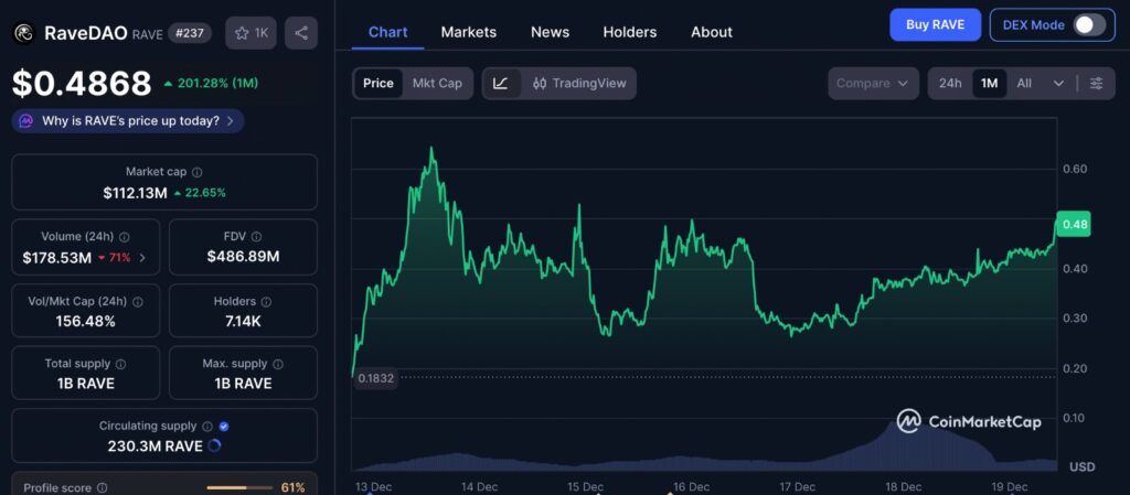 RAVE price rally shown on CoinMarketCap one-month chart highlighting recent volatility and recovery