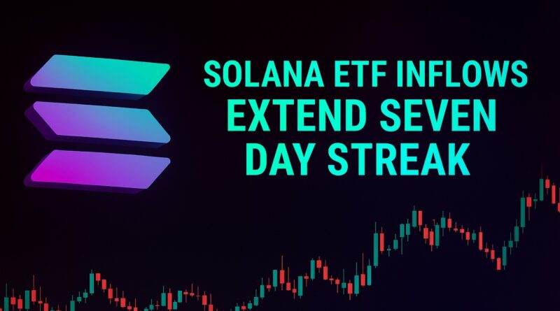 Solana ETF Inflows - centered headline over a deep teal-to-indigo gradient with a Solana token icon, semi-transparent green arrows indicating ETF inflows, and a faint red downward candlestick chart in the background.