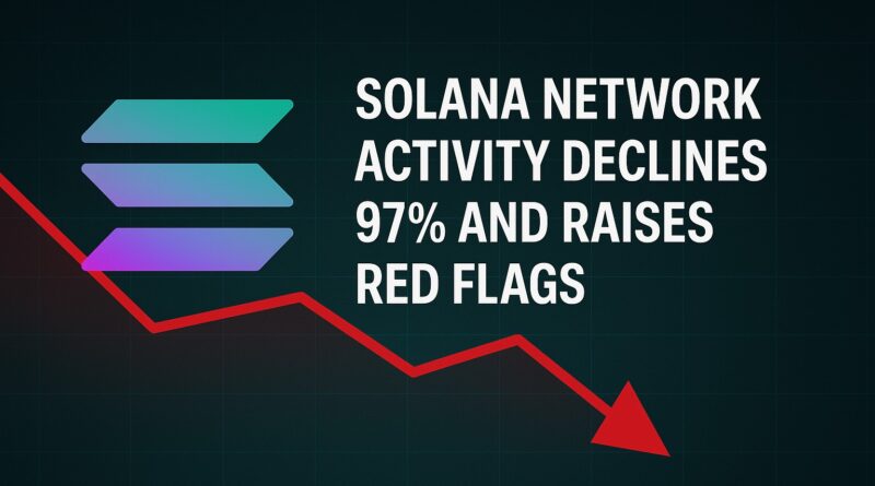 Solana Network Activity - Editorial image showing a 97% decline with a red downward chart, scattered generic memecoin tokens, and a stylized blockchain network icon centered on a dark, moody background.