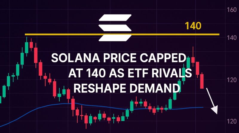 Solana Price: central Solana logo over a dark candlestick chart with a red resistance line at 140, a downward arrow indicating a rejection at 147, and subdued competing token icons.