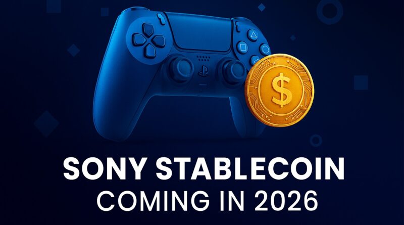 Sony Stablecoin futuristic PlayStation payment visual: gold digital coin with dollar sign hovering above a sleek game controller, surrounded by blockchain nodes and glowing connection lines.