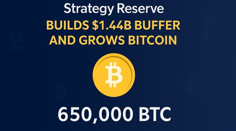 Strategy Reserve builds $1.44B cash reserve and increases holdings to 650,000 BTC - centered headline with a vault icon and gold Bitcoin symbol on a dark navy-to-teal gradient background.