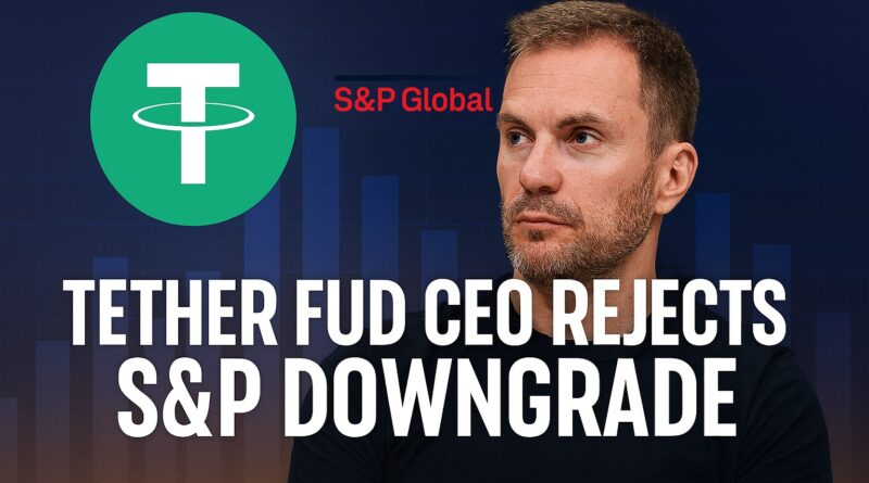 Tether FUD - centered editorial graphic showing a stylized USDT coin, a shield for stability, and a torn rating report with a red downward arrow against a blue‑purple gradient with faint market charts.