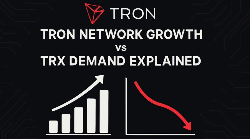 Tron Network Growth - dark gradient editorial image showing rising active addresses and stablecoin transfer motifs centered, with a muted TRX demand line and TVL/DeFi iconography.