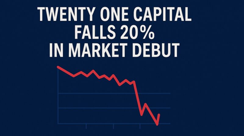 Twenty One Capital: headline graphic showing a gold Bitcoin icon with a red downward arrow and a falling candlestick chart, centered on a dark navy background.