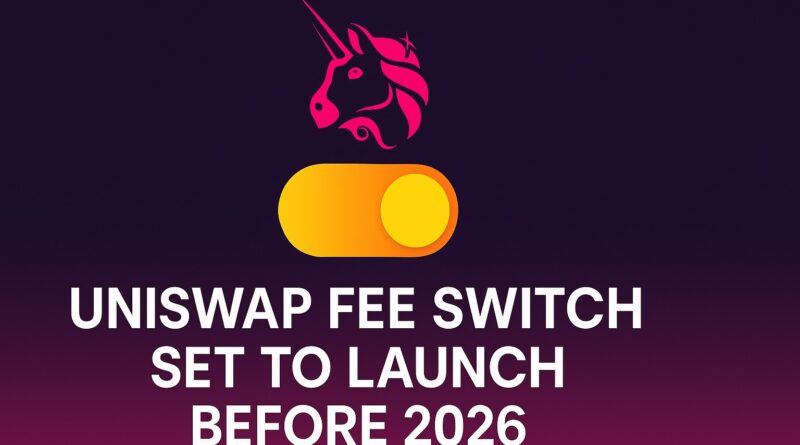 Uniswap fee switch - centered hero image showing an abstract unicorn silhouette, a toggle switched ON labeled "Fee Switch", a burning token coin, a ballot box with checkmark, a gavel, and a rising market arrow on a purple-magenta gradient background.