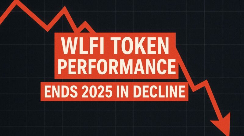 WLFI Token Performance - Centered headline and subtitle over a dark blue-black gradient, stylized gold WLFI coin in front of a descending red line chart marked -40%, with token-burn embers and subtle blockchain node pattern in the background.