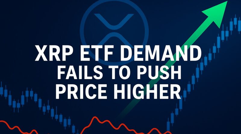 XRP ETF Demand: centered headline over an XRP token, steady ETF inflows chart, flat price line, and whale silhouettes indicating selling pressure.