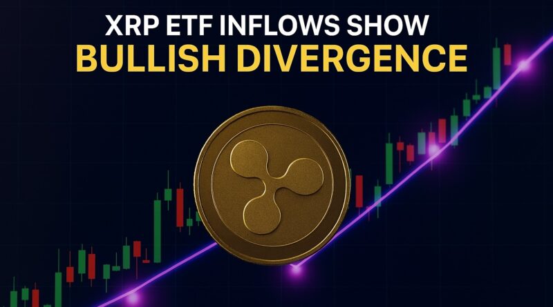 XRP ETF Inflows show rising green ETF bars on left, declining red spot price line on right, glowing divergence highlight, centered XRP logo and headline "XRP ETF Inflows: Bullish Divergence".