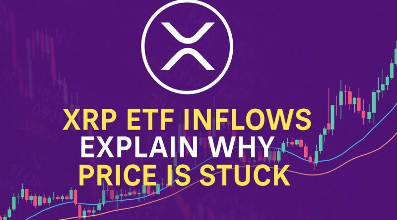 XRP ETF Inflows - centered XRP logo over a range-bound price chart with ETF inflow ticker ≈ $1B, institutional icons and faint derivatives background.