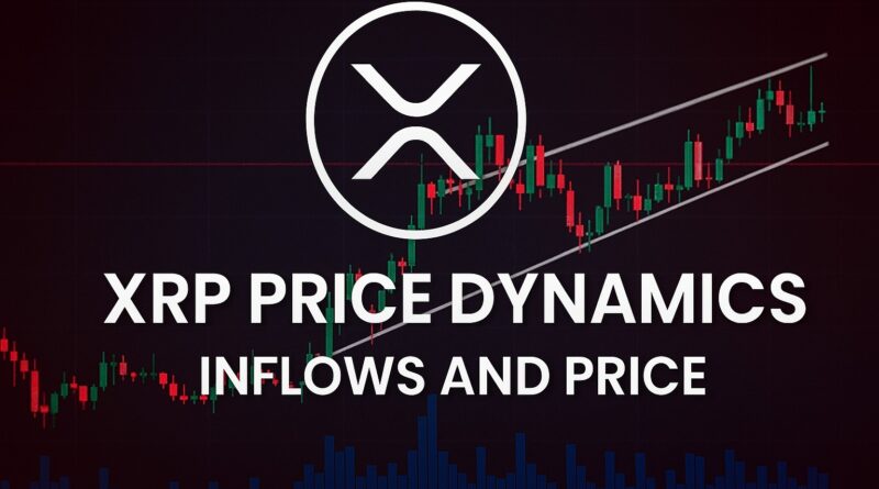 XRP Price Dynamics - Featured image showing the XRP logo over a centered candlestick chart hovering near $2 with an ascending triangle overlay, a horizontal line labeled 50% Fib ~$2.02, muted teal and slate gray palette, small RSI ~42 and MACD panels, and volume bars beneath; all elements centered.