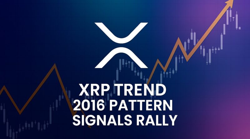 XRP Trend: centered feature image showing a dark financial chart with a 2016-style ABC corrective candlestick pattern, -69% drop, consolidation with accumulation markers, and a cyan rally behind the headline and subheadline.