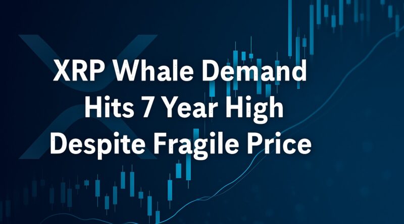 XRP Whale Demand - dark blue featured image with a stylized whale made of XRP coin motifs, centered candlestick chart, red downward trendline, rising accumulation bars, and headline placeholder “XRP Whale Demand Hits 7 Year High” with subtext “Price remains fragile near $2”.