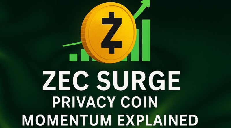 ZEC Surge - gold stylized coin labeled ZEC centered over a deep navy and teal market-chart background with a faint candlestick texture, shield icon, network nodes, and an upward arrow, with headline and subhead centered.