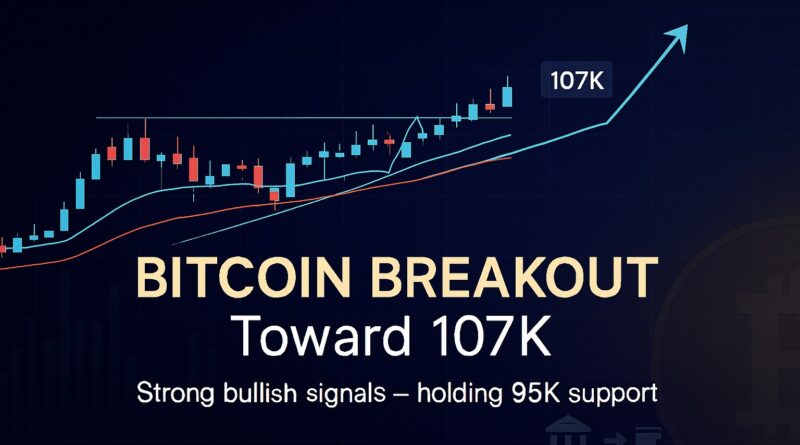 Bitcoin Breakout - centered featured image showing a semi-transparent candlestick chart breaking above 95K with an ascending triangle, 20 EMA (teal) crossing 50 EMA (orange), a green volume spike at breakout, an upward arrow toward a 107K badge, and minimal wallet/exchange icons indicating coins leaving exchanges.