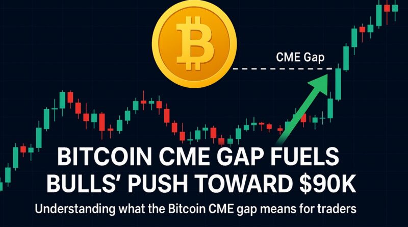 Bitcoin CME gap highlighted on a dark candlestick chart with a golden Bitcoin coin, charging green bull, and an upward arrow pointing to $90,000.