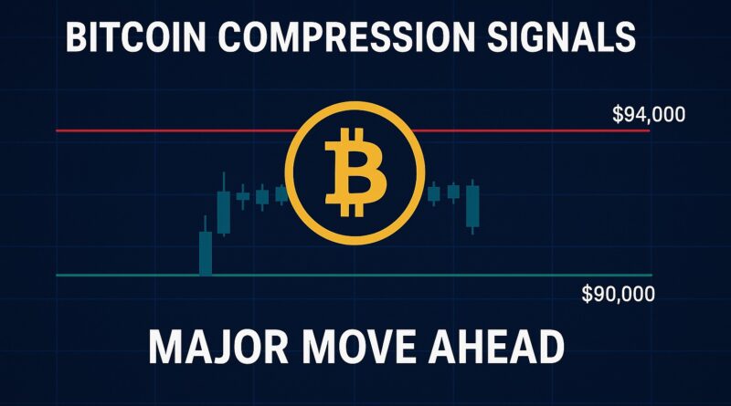 Bitcoin Compression chart showing tight price range between $90,000 and $94,000 with breakout potential