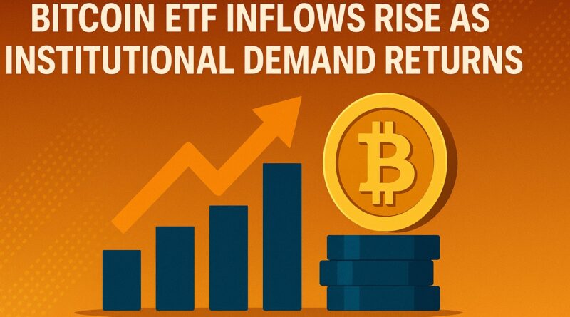 Bitcoin ETF inflows surge as institutional demand returns, illustrated with rising charts, Bitcoin coin, and ETF document icon