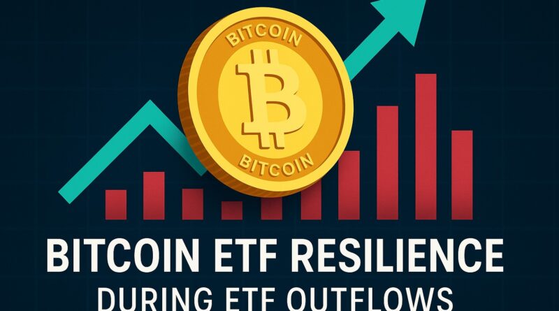 Bitcoin ETF resilience visual showing stable price action amid ETF outflows with Bitcoin coin, chart, and indicators