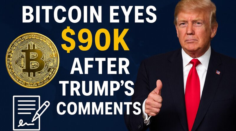 Bitcoin Eyes $90K surge after Trump’s crypto bill comments, featuring Bitcoin coin and U.S. Capitol silhouette