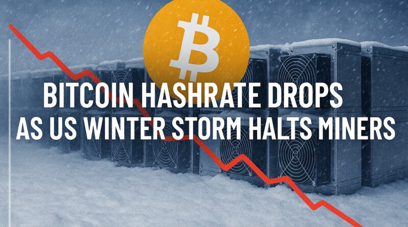 Bitcoin Hashrate drops during US winter storm, showing mining rigs under snow and a falling chart