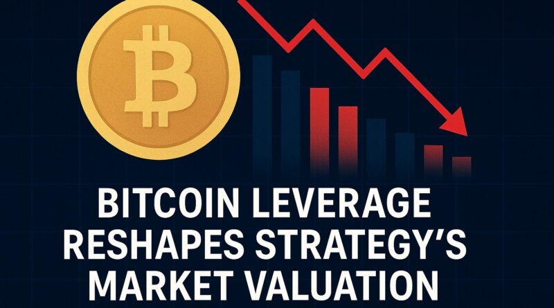Bitcoin Leverage: gold Bitcoin coin with a red downward stock line crossing it, set against a dark navy gradient with a faint financial grid and subtle balance-sheet icons.