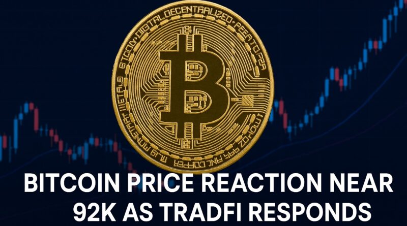 Bitcoin Price Reaction - stylized gold Bitcoin coin centered over a dark candlestick chart with a labeled resistance line at 92K and a faint Venezuela map backdrop.