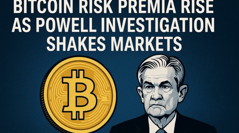 Bitcoin Risk Premia featured image showing golden Bitcoin symbol and Powell illustration amid financial uncertainty