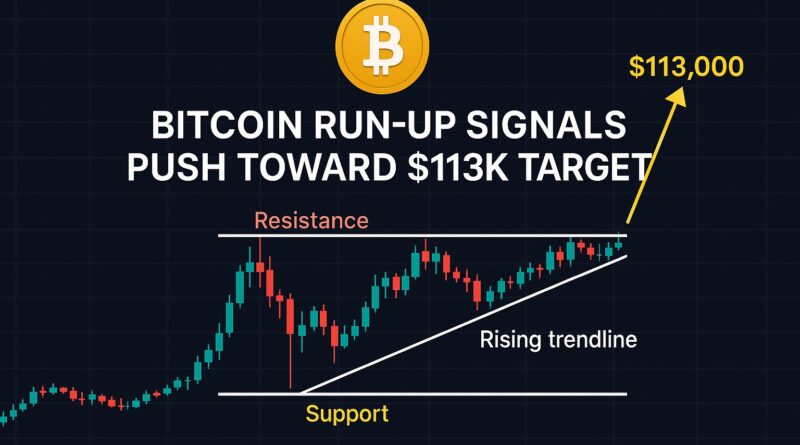 Bitcoin Run-Up chart showing ascending triangle breakout targeting $113K with bullish indicators