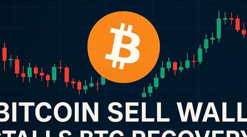 Bitcoin Sell Wall: dark navy infographic showing a 95,000 red sell wall above a centered gold Bitcoin symbol, price line hovering between red resistance and green support at 93,500, with subtle candlesticks and a gold motif indicating gold outperforming.