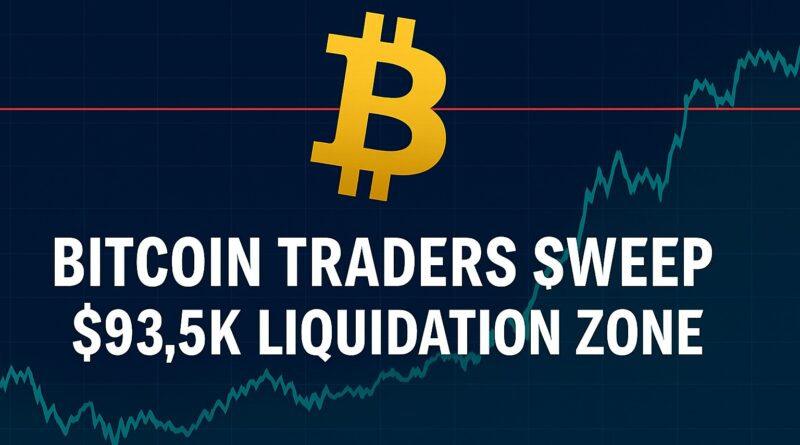 Bitcoin Traders Sweep chart showing $93.5K liquidation zone with candlestick spike and central Bitcoin symbol