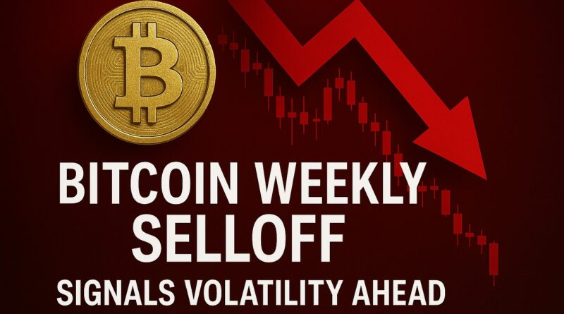 Bitcoin Weekly Selloff - gold Bitcoin coin with red downward candlestick chart, rising open-interest line, and faint world map background signaling market volatility.