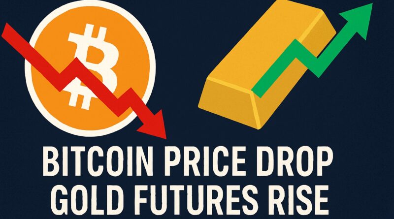 Bitcoin price drop visual showing falling Bitcoin and rising gold futures