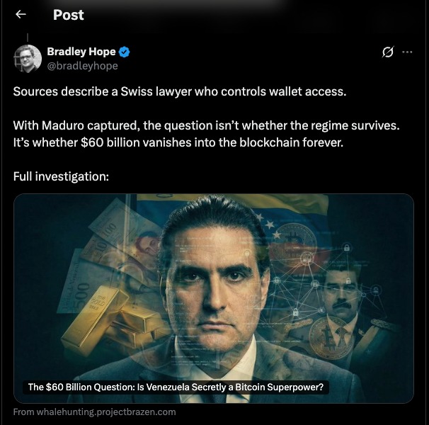 Venezuela Bitcoin Reserve speculation highlighted in a tweet discussing claims of a hidden $60 billion Bitcoin stash and questions around wallet control
