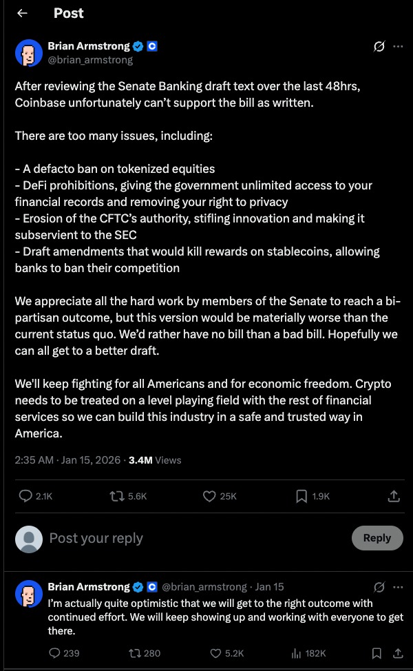 Coinbase Negotiations highlighted in a tweet by Brian Armstrong explaining why Coinbase withdrew support for the Senate Banking crypto bill